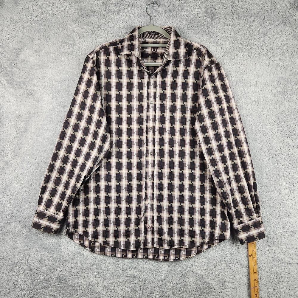 Bugatchi Uomo Shirt Mens XL Brown Geometric Flip Cuff Classic Pixle Preppy Dress
